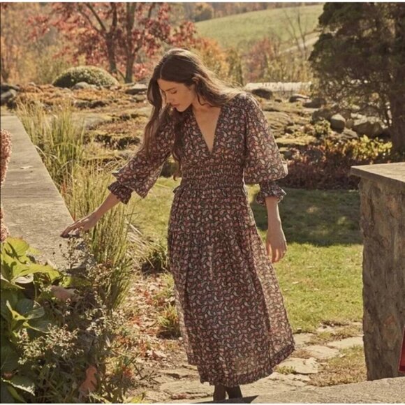 💕DOEN💕 Cecily Dress ~ 100% Ramie Teal Canterbury Paisley Print XL NWOT - Picture 2 of 16